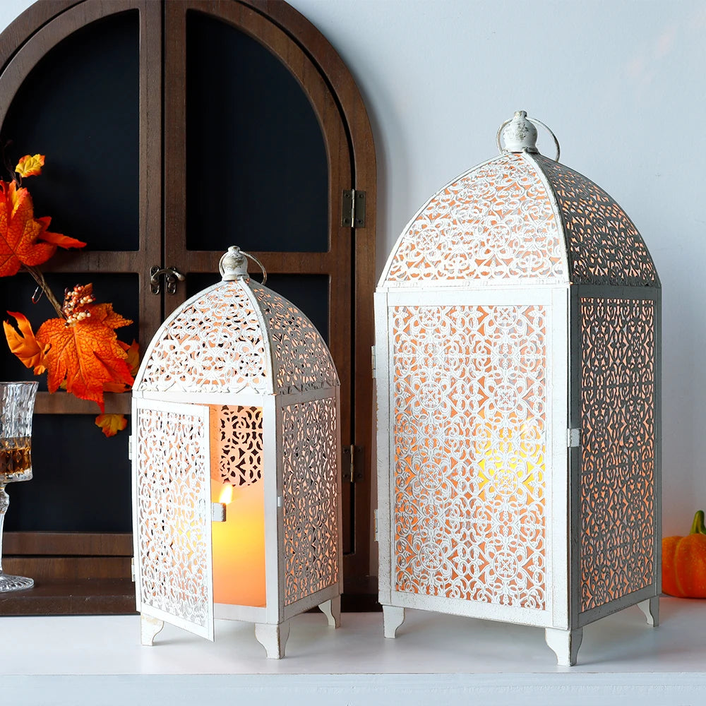 2Pcs Metal Candle Holder Vintage Candle Lantern Hanging Lantern with Hollow Pattern for Home Decor Wedding Party Garden Events