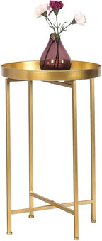 Tray Metal End Table, Gold Round Foldable Side Table Small Decorative Sofa Snack Coffee Plant Stand Table (Golden Tray)