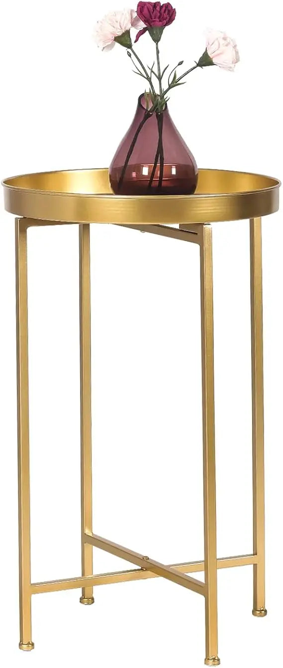 Tray Metal End Table, Gold Round Foldable Side Table Small Decorative Sofa Snack Coffee Plant Stand Table (Golden Tray)