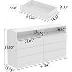 6 Drawer Double Dresser with Power Outlet, Accent Chests of Drawers with LED Light, Modern White Storage Dresser with Charging S