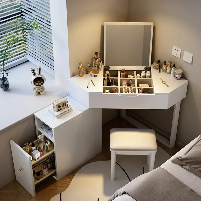 Corner Dressing Makeup Vanity Table with Mirror, Wood Vanity Set with Cabinet Retractable Dresser with Lots Storage for Bedroom