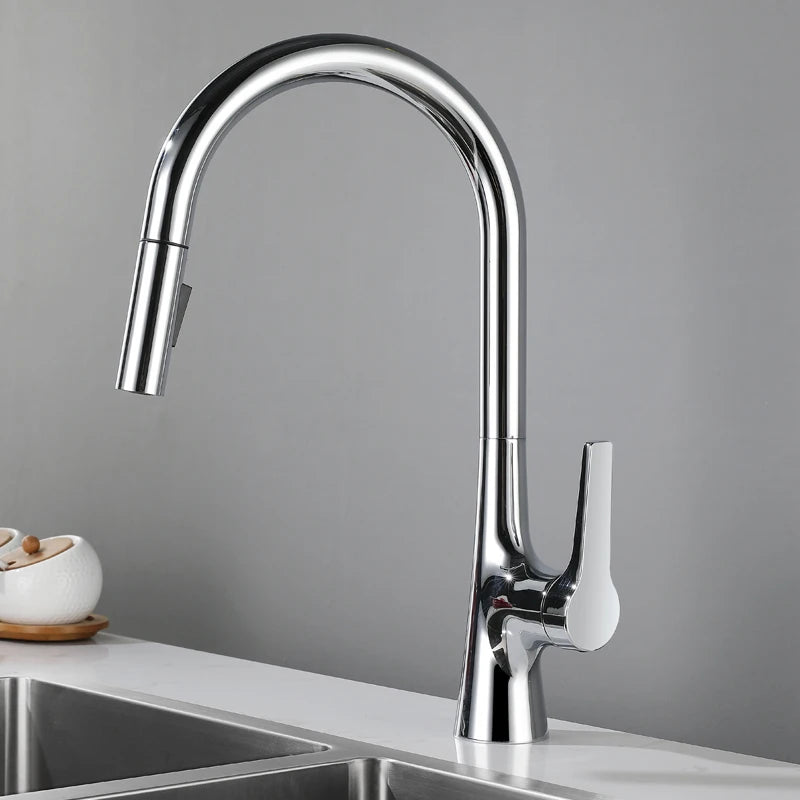 Brushed Gold Pull Out Kitchen Faucet Deck Mounted Stream Sprayer Hot and Cold Water Wash Sink Mixer Tap Brass 360 Rotation Crane