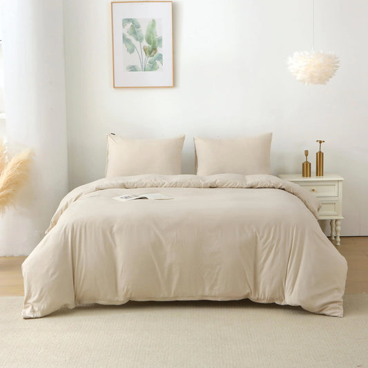 Beige King Duvet Cover Set - 3 Piece Solid Color Bedding with 1 Duvet Cover & 2 Pillow Shams, Comforter Not Included