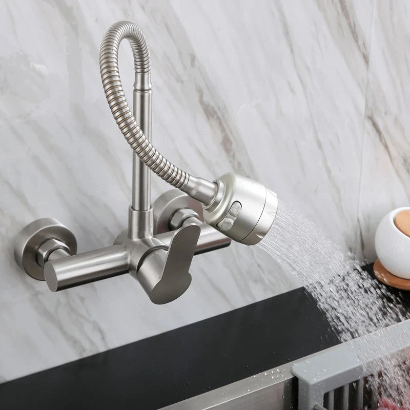 Wall Mounted Kitchen Faucet Kitchen Mixer Kitchen Sink Faucet 360 Degree Free Rotation Flexible Hose Double Hole