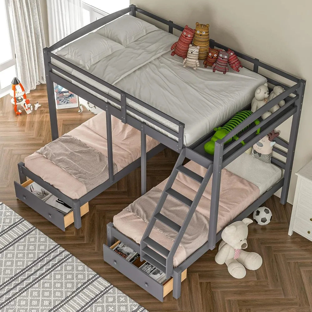 Triple Bunk Bed Full Over 2 Twin Bunk Bed with 3 Drawers and Guardrails, Bunk Bed for Family, Teens, No Box Spring Needed