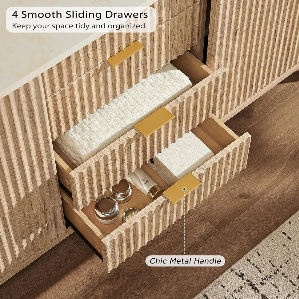 60" Fluted Dresser with Sliding Doors and 4 Drawers, Modern Chest w/Faux Marble Top, Curved Profile Design, Dresser