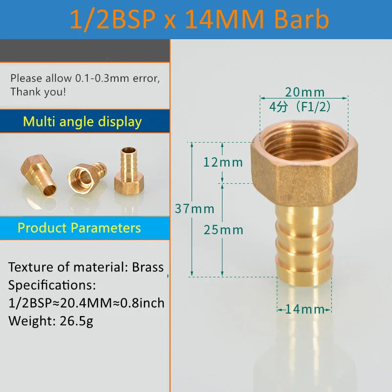 Brass Pipe Fitting 6/8/10/12/14/16mm Hose Barb Tail 1/8" 3/8" 1/4" BSP Male Connector Joint Copper Coupler Adapter