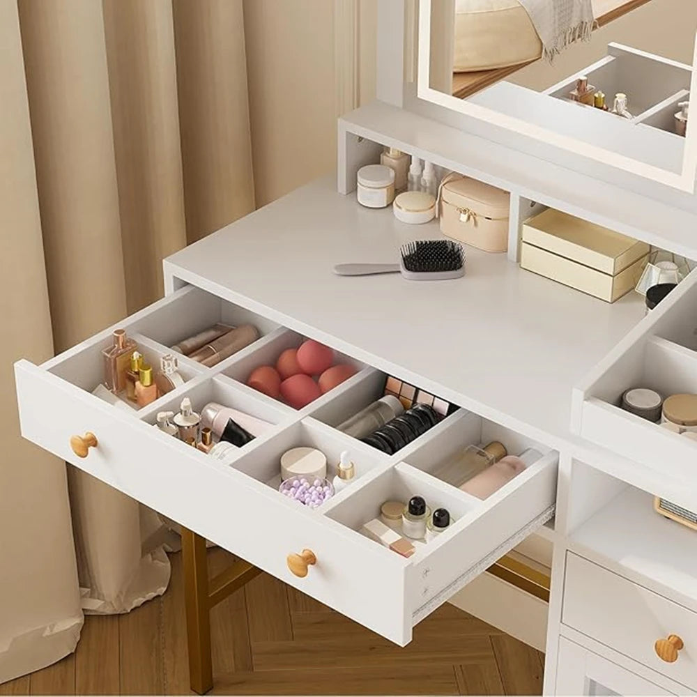 Vanity Desk with LED Lighted Mirror and Drawers Cabinet Open Storage Shelves Dressing Table for Girls Bedroom Makeup Room