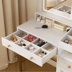 Vanity Desk with LED Lighted Mirror and Drawers Cabinet Open Storage Shelves Dressing Table for Girls Bedroom Makeup Room