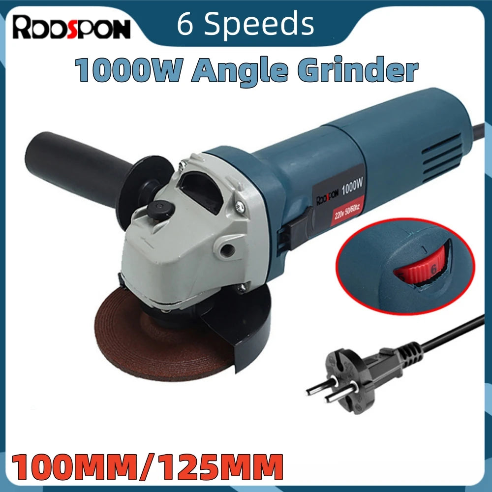 1000W Electric Angle Grinder 100mm 125mm Corded Grinding Machine 6 Speeds Electric Grinding Cutting Polishing Power Tool 220V EU