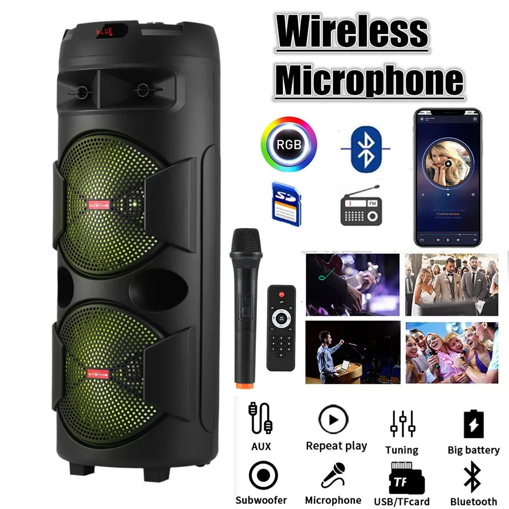 9000W Portable Bluetooth Party Speaker Karaoke Heavy Bass Rechargeable Sound System Dual 12 Inche Subwoofer Led Light with Mic
