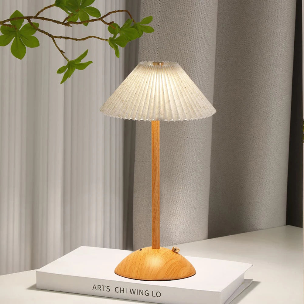 Portable LED Desk Lamp Wood Base Small Table Lamp Fabric Shade Dimmable Touch Lamp Rechargeable for Living Room Dorm Home Office