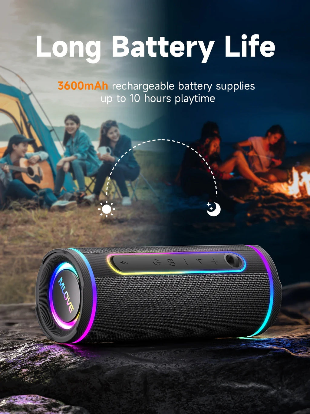 MLOVE E80 Bluetooth Speaker, Bluetooth 5.4, Dual Speakers, RGB Lights, IPX7 Waterproof, TWS Connectivity