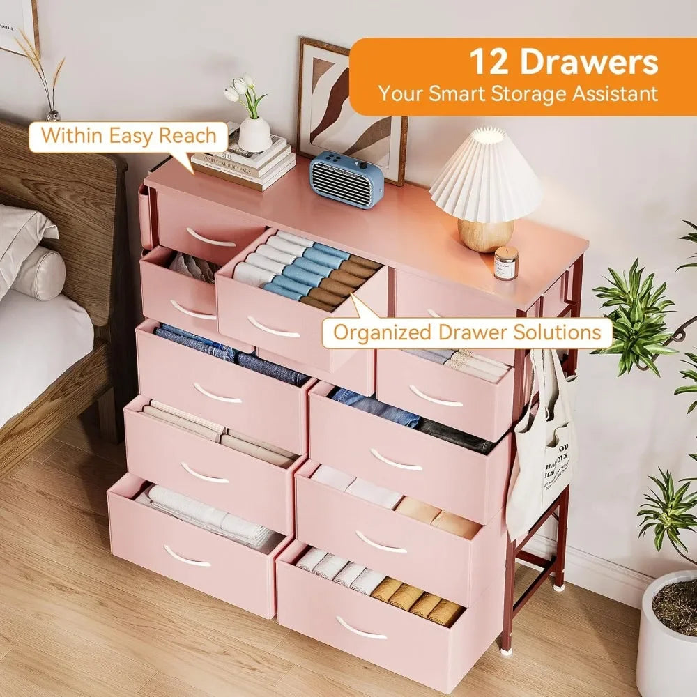 12 Dresser for Bedroom, Chest of Drawers for Bedroom with Side Pockets and Hooks, Fabric Storage Dresser, Sturdy Steel Frame