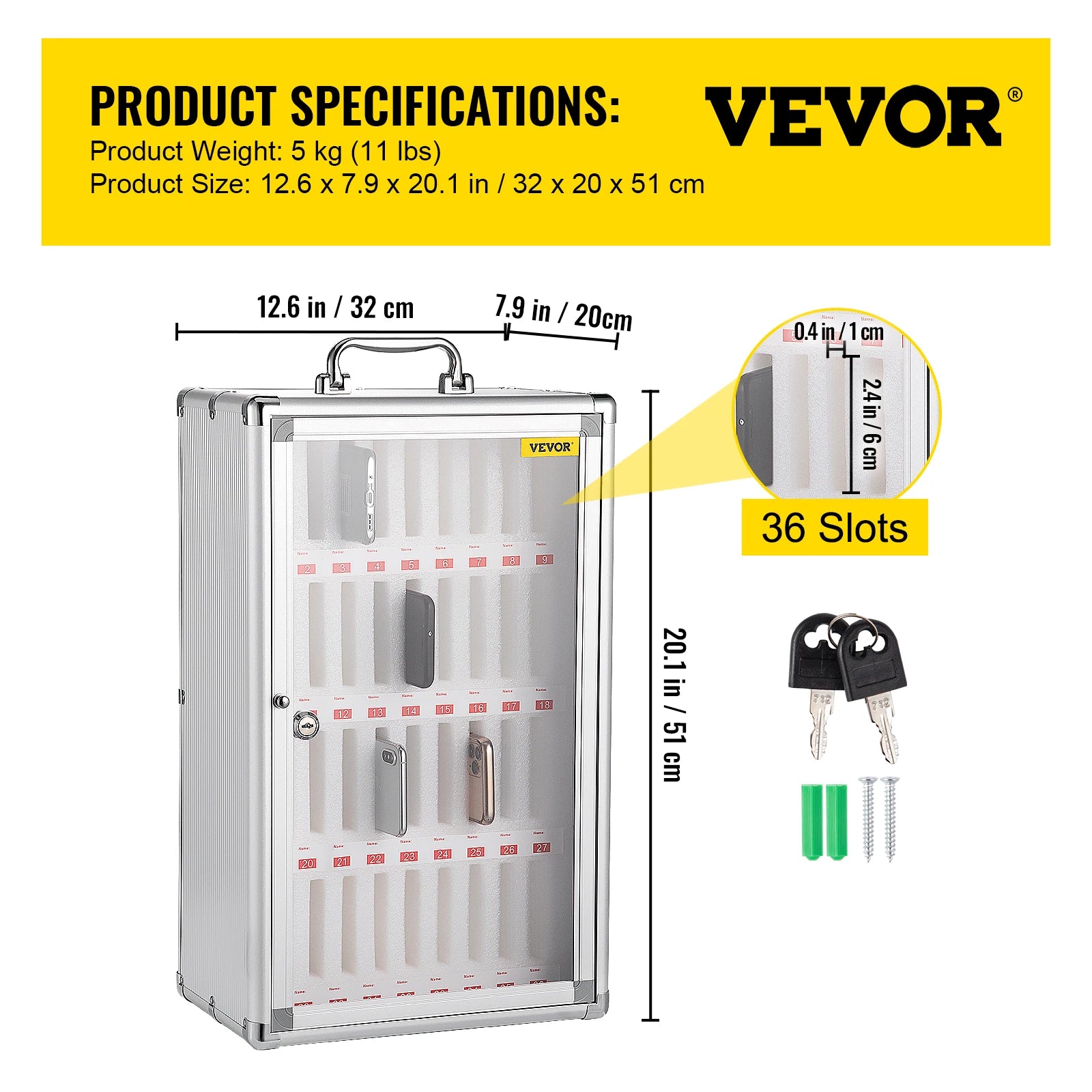 VEVOR 36 Slots Cell Phone Cabinet Silver Aluminum Alloy Pocket Chart Wall Mounted Storage Locker Box for Classroom Office Gym