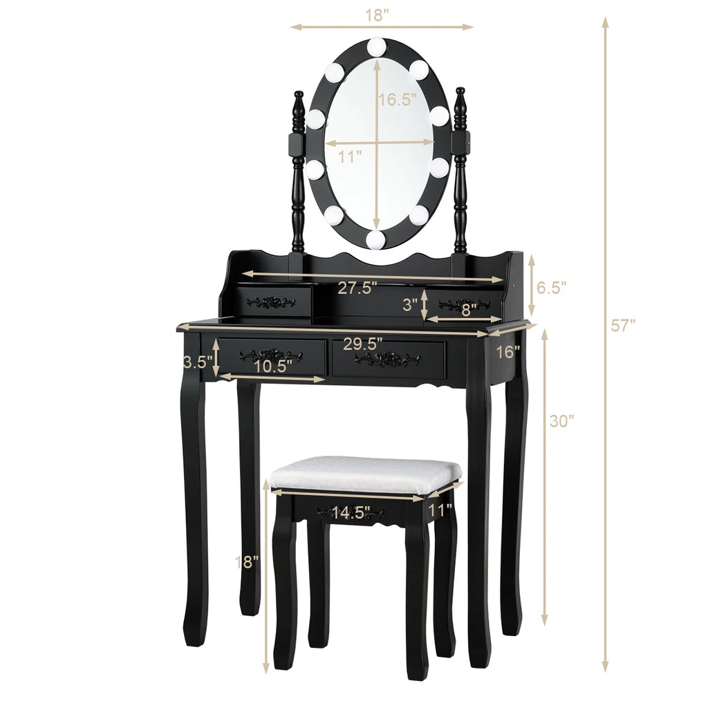 4 Drawers Vanity Table Dressing Table W/10 Dimmable Bulbs &Touch Switch Black