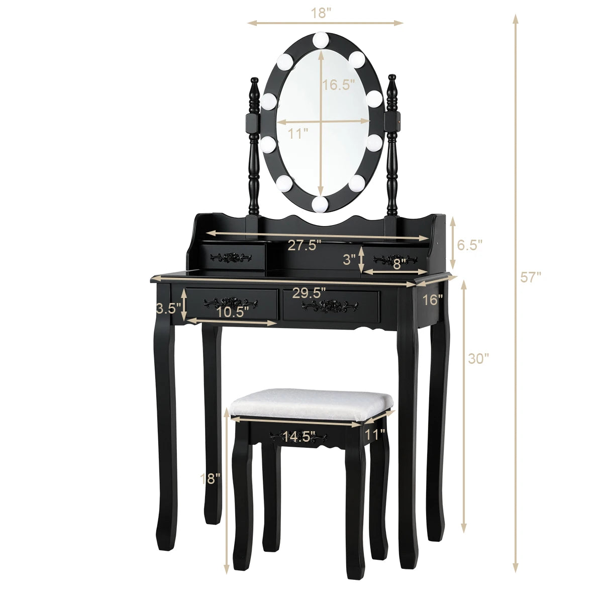 4 Drawers Vanity Table Dressing Table W/10 Dimmable Bulbs &Touch Switch Black