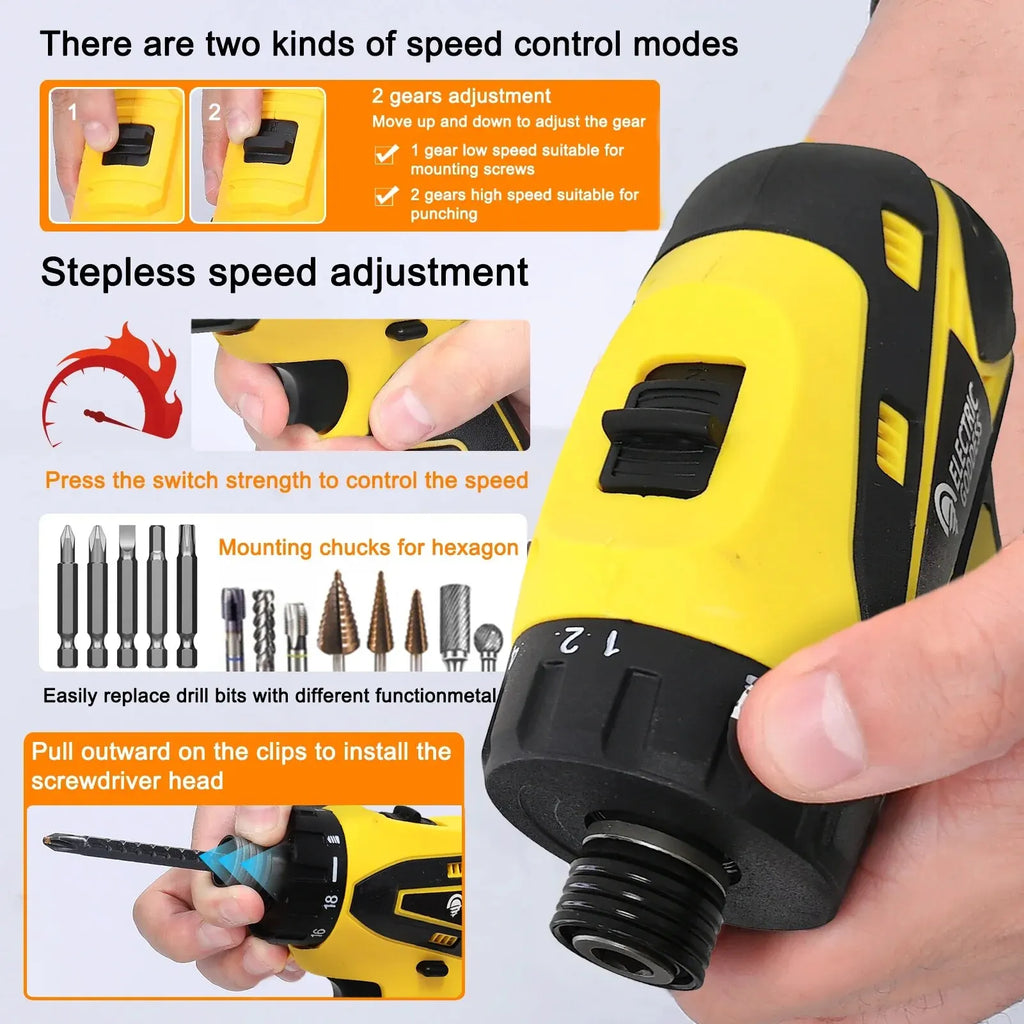 12V Cordless Drill Electric Screwdriver Mini Wireless Power Driver Lithium-Ion Battery Home DIY 18+1 TorqueSettings