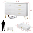 White Dresser for Bedroom with 6 Drawers, Dresser, Wood Dressers Chest of Drawers with Gold Handles, Modern LED Bedroom Dresser