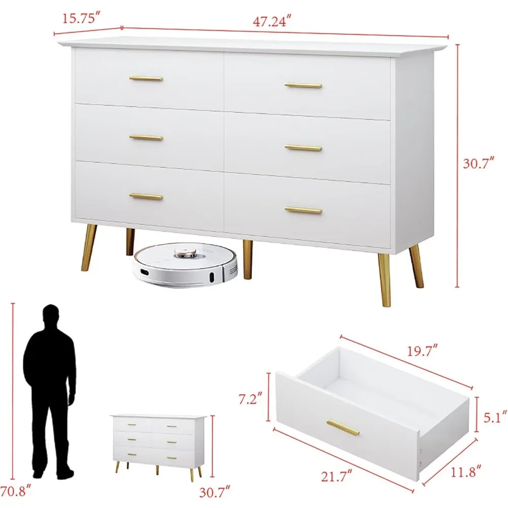 White Dresser for Bedroom with 6 Drawers, Dresser, Wood Dressers Chest of Drawers with Gold Handles, Modern LED Bedroom Dresser