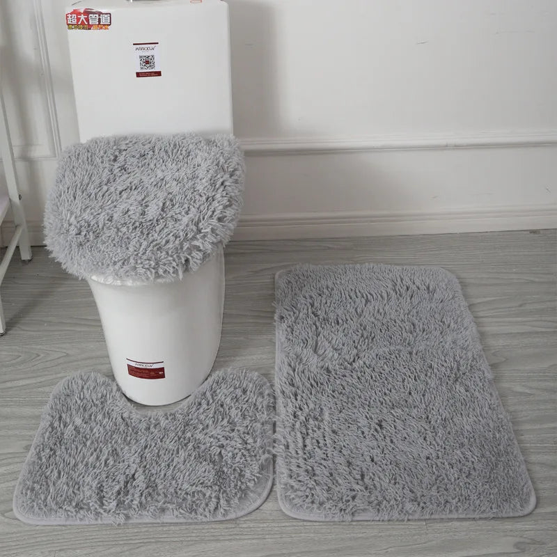 Inyahome 3pcs/set Plush Bathroom Bath Mats Set Anti Slip Toilet Rug and Toilet Lid Cover Soft Fluff Shower Carpet Floor Bath Mat