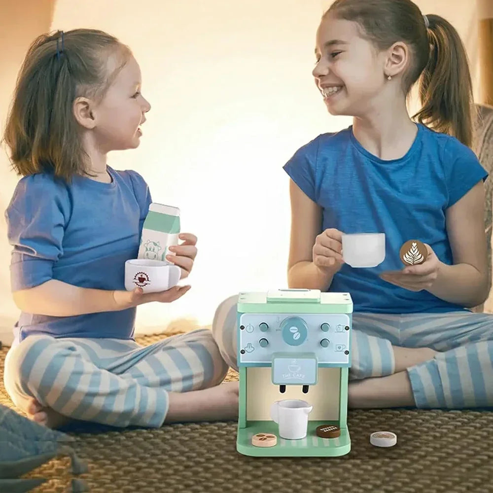 Kids Kitchen Toy Set Wooden Coffee Maker Set Simulation Cookie Maker Kit Pretend Play Educational Toys Gifts for Girls Boys