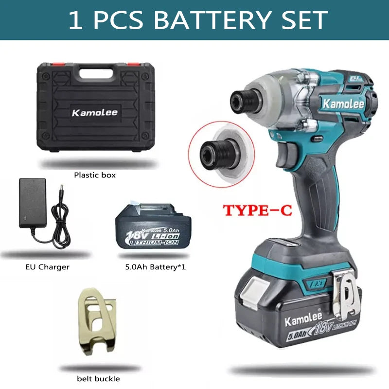 Kamolee 520N.m Brushless Electric Impact Wrench 1/2 and 1/4 Inch Household Wireless Charging Small 18V Battery Wrench Tool