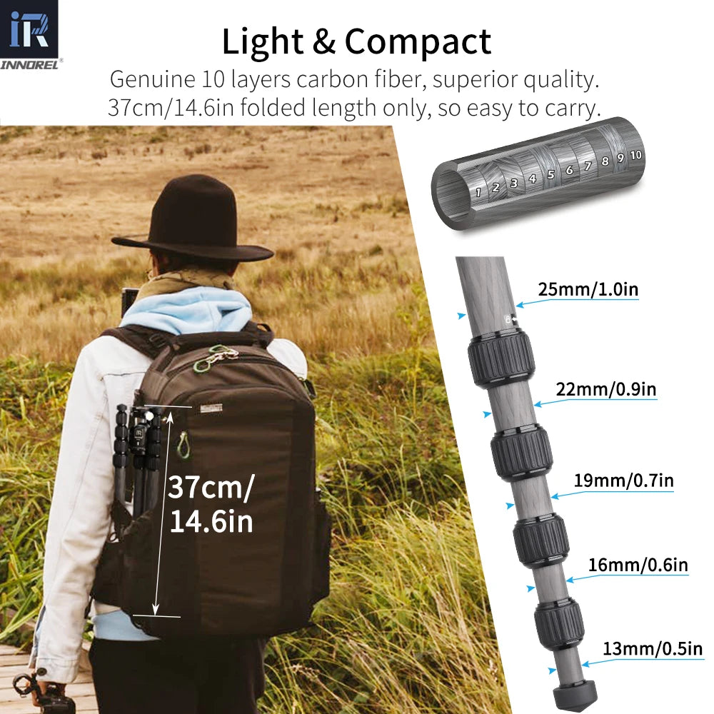 RT55C Professional 10 Layers Carbon Fiber Tripod For Digital Camera Suitable For Travel Top Quality DSLR Stand 161cm Max Height