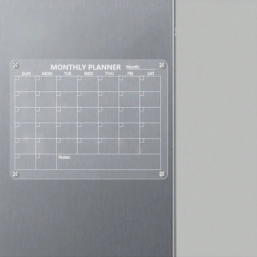 Magnetic Acrylic Calendar for Fridge Refrigerator Monthly Dry Erase Board Markers & Magnetic Pen Holder, Organic Glass Clea