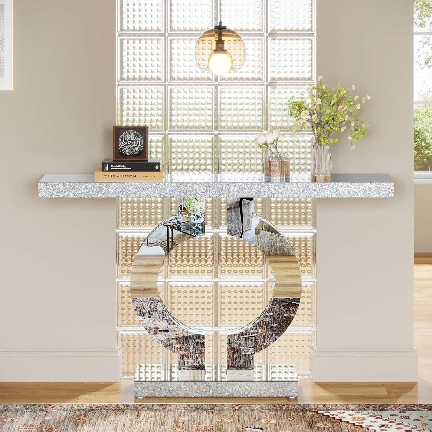 Mirrored Console Table with O-Shaped Base, Entryway Table Glass Sofa Table with Mirror Finish, Rectangle Accent Foyer Table