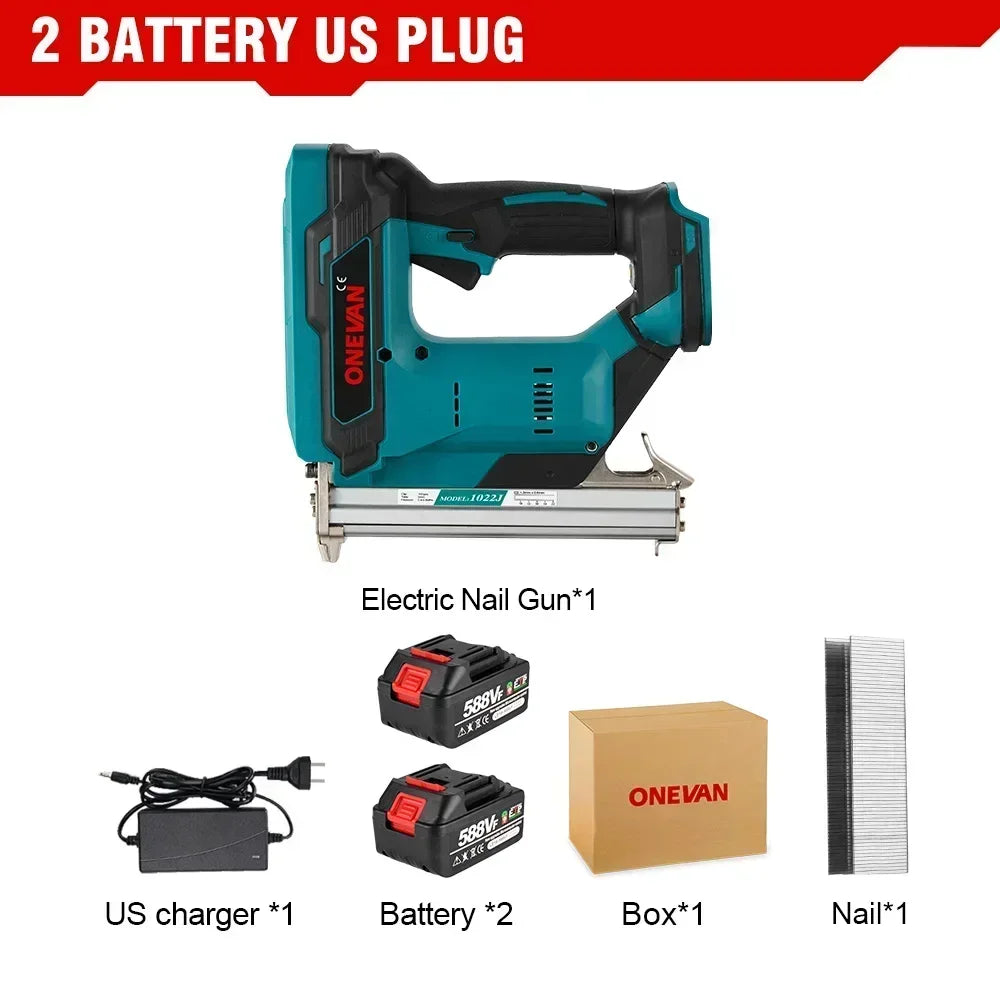 ONEVAN 1022J 2Gears Brushless Cordless Electric Nailer Stapler Furniture Staple Gun Woodworking Tools For 21V 18v Battery