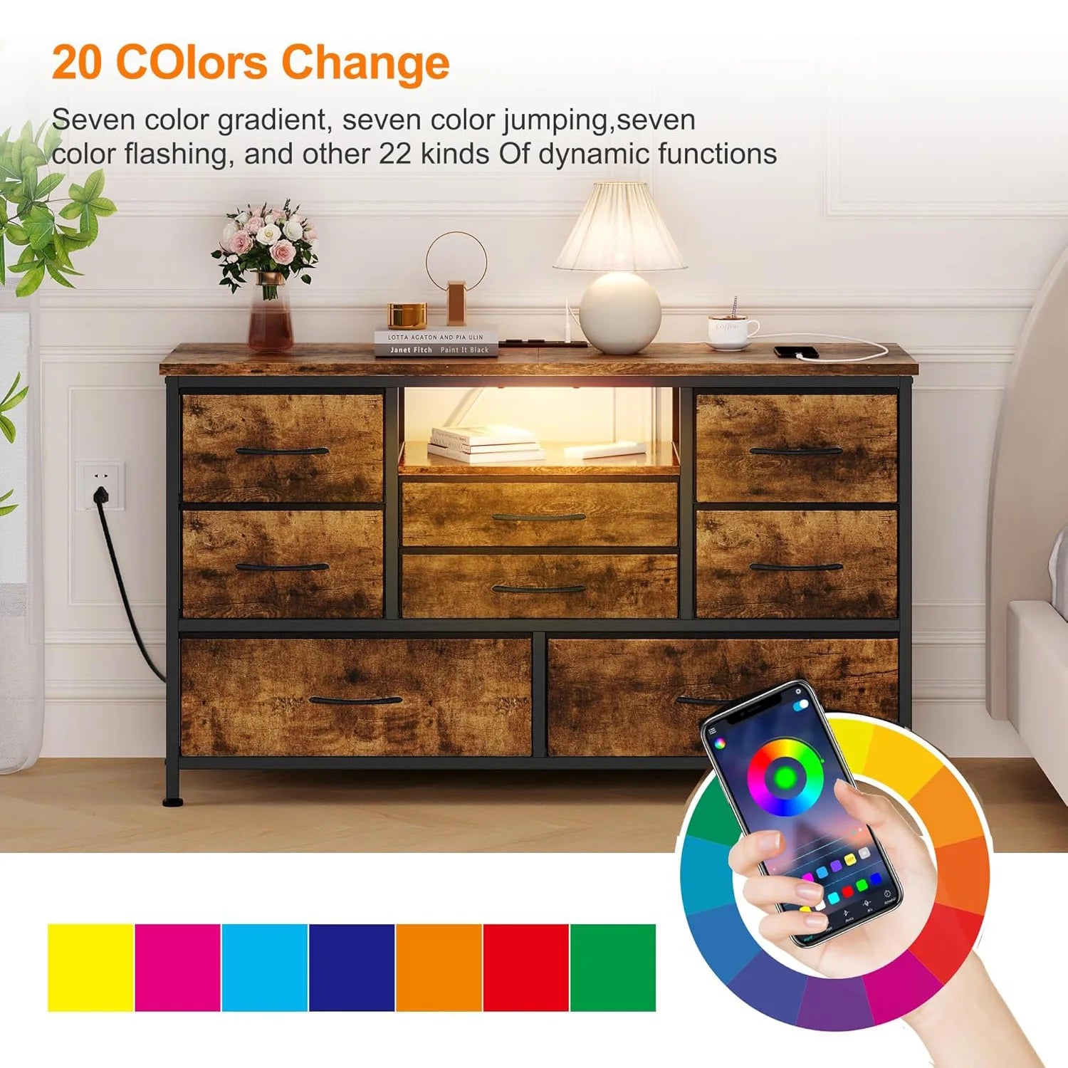 8-Drawer Chest of Drawers Dresser TV Console Furniture with LED light Charging Station, TV Stand Cabinet for Living Room Bedroom