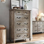 Farmhouse 6 Drawers Dresser Chests, Tall Wood Rustic Chest , Storage Organizer for Bedroom, Living Room, Nursery, Antique White