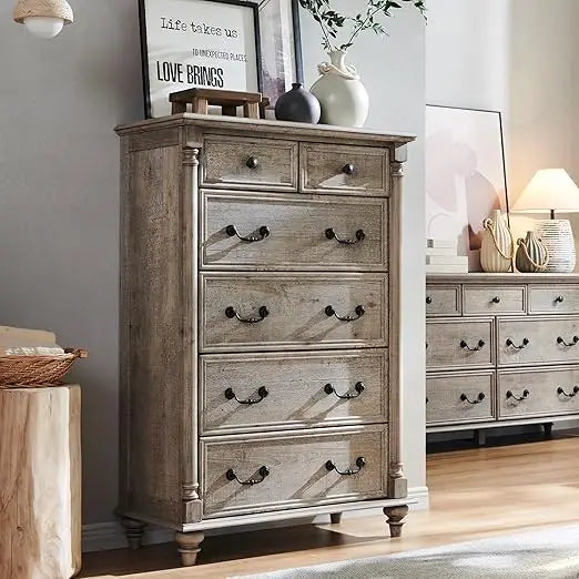 Farmhouse 6 Drawers Dresser Chests, Tall Wood Rustic Chest , Storage Organizer for Bedroom, Living Room, Nursery, Antique White