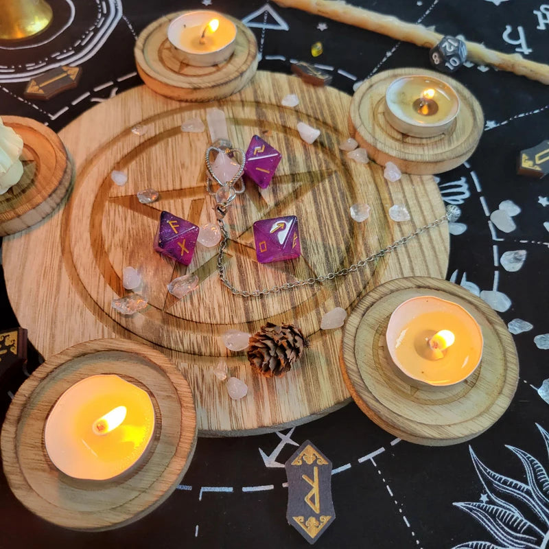 2 In 1 Pentagram Witches Wooden Candle Holder Altar Astrology Massage Candle Stand Divination Meditation for Wicca Ceremony