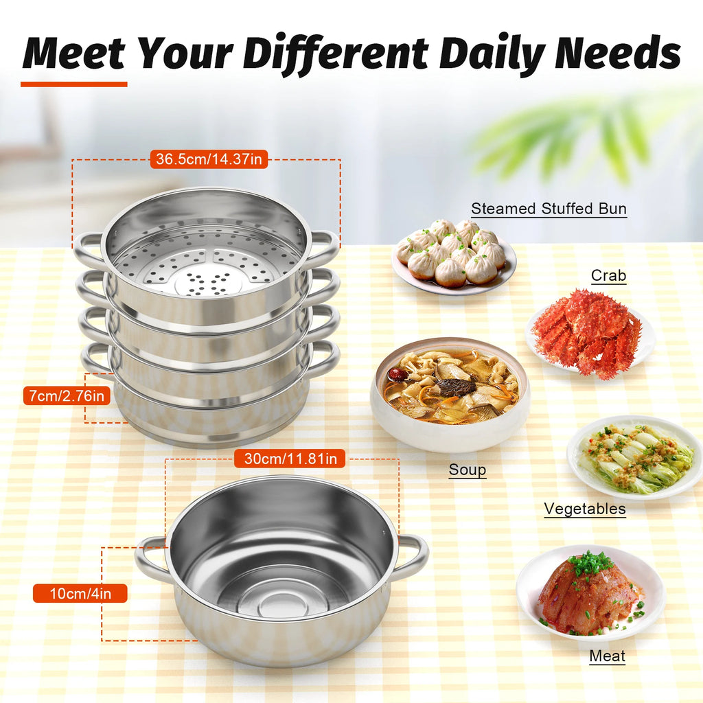 5 Tier Stainless Steel Steam Cooker Steamer Food Vegetable Pot Kitchen 26CM/28CM/30CM