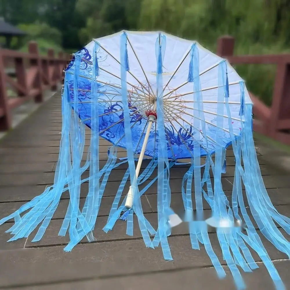 82cm Pink Flowers Silk Decorative Umbrella Han Cos Props Tassel Umbrella Ancient Chinese Classic Oil Paper Parasol