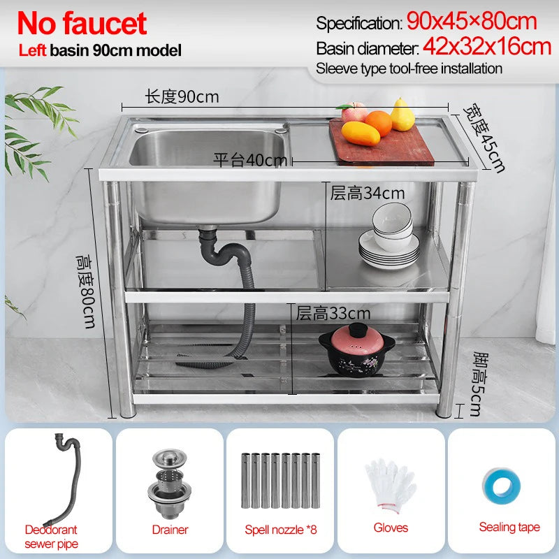 Stainless Steel Sink Kitchen Household Thickened Single Trough with Bracket Wash Basin Sink with Platform Easy Landing