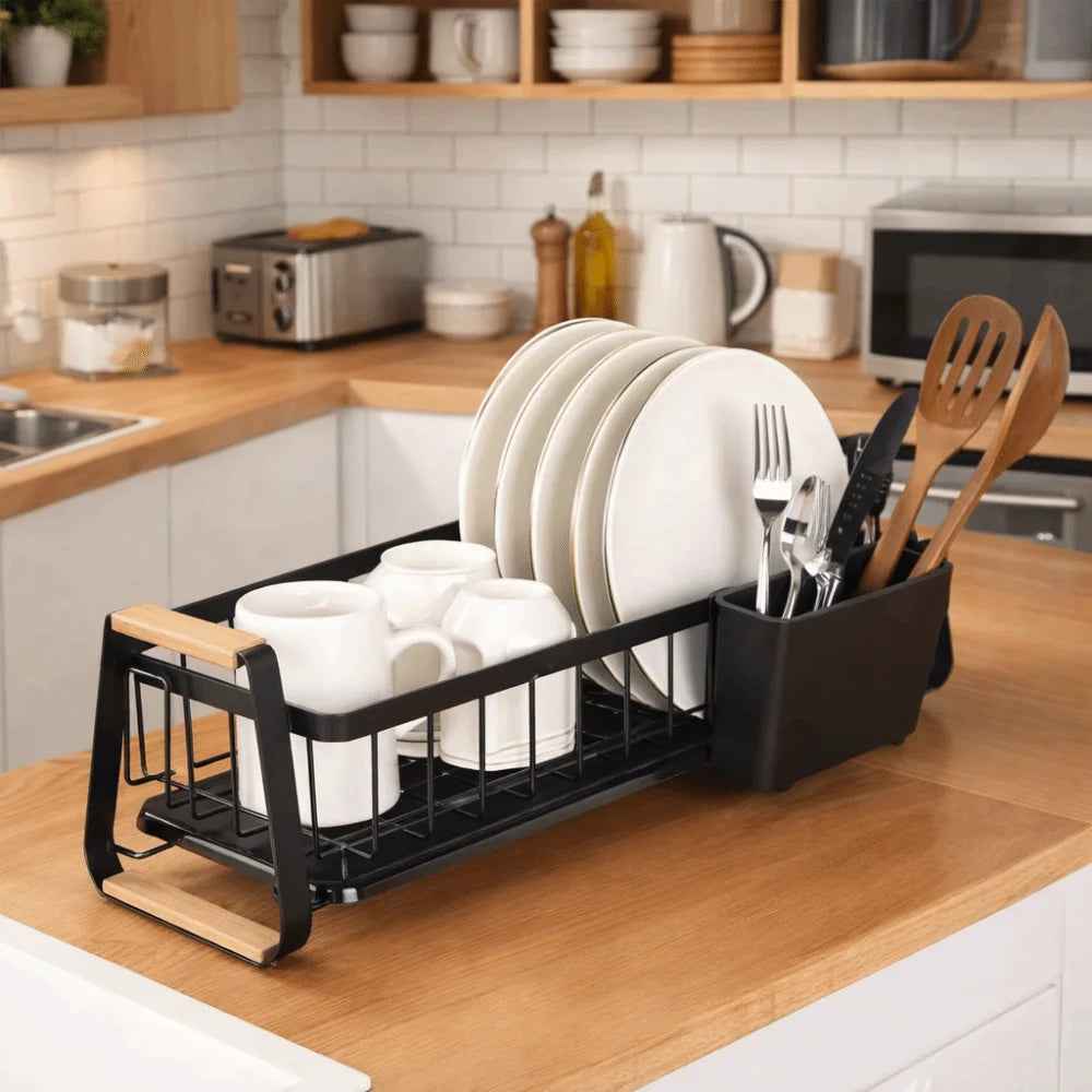 Detachable Kitchen Dish Rack Wooden Handle Metal Frame Kitchen Organizer Large Capacity Dish Drainer Tableware Storage Rack RV
