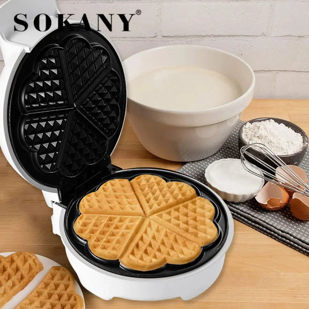 Belgian Waffle Maker - 5 Pieces of Heart-shaped Non-stick Coating, Heated on Both Sides, Suitable for Breakfast Dessert Parties