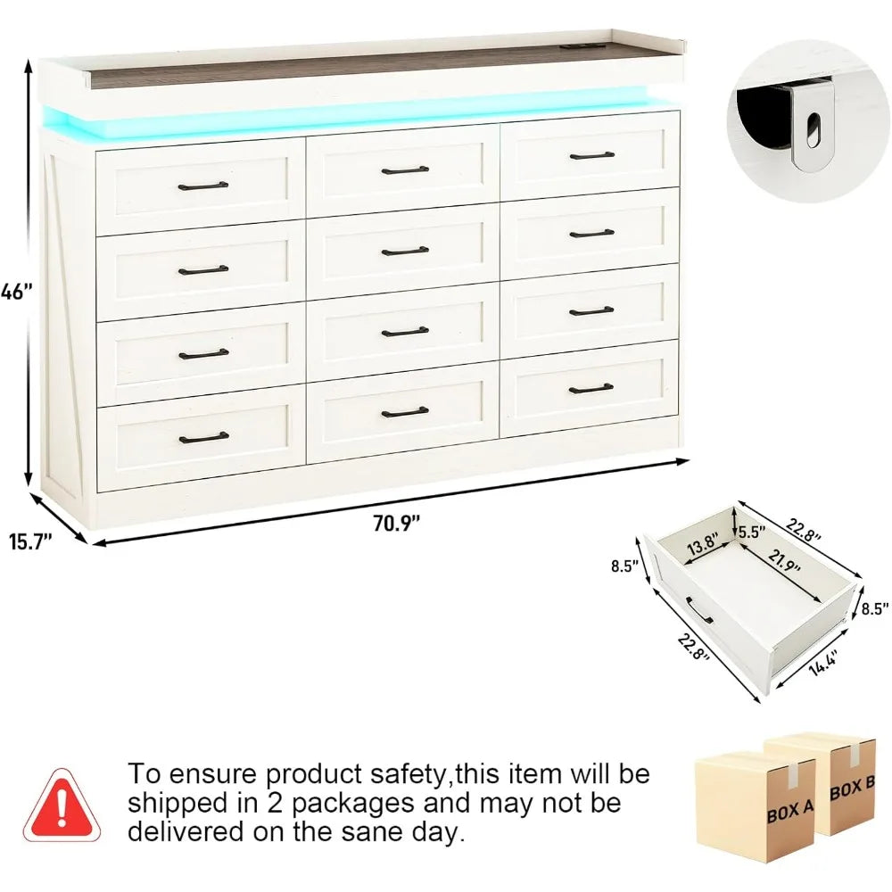 71" Wide 46" Tall Large Farmhouse 12 Drawers Dresser for Bedroom with LED Light and Power Outlets,Wood Rustic 12 Chests of Drawe