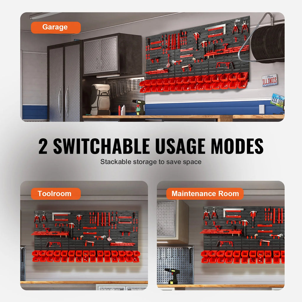 VEVOR Wall Mounted Storage Bins 30/48-Bin Parts Rack Organizer Garage with Wall Panels Hooks Plastic Shop Tool for Screw Nails