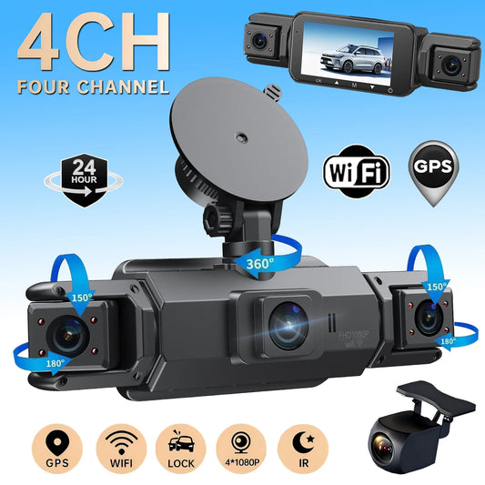 Car Dash Cam 4 Channel Black Box With GPS WIFI FHD 1080P Front Driving