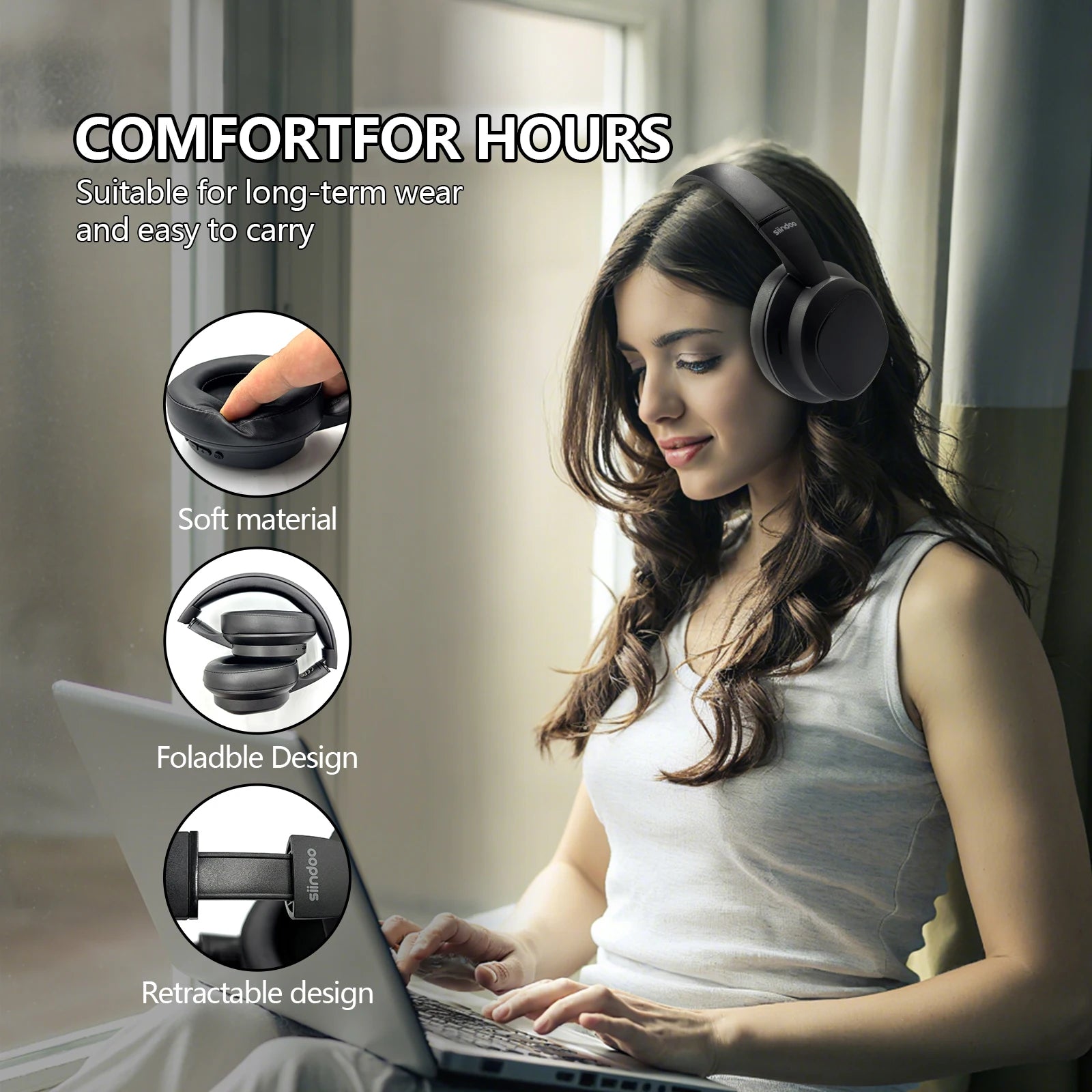 Siindoo JH-822Plus Wireless Headphone with Detachable Full Color Touch Screen BT5.4 Translation Function AI Assistant Smart Chat