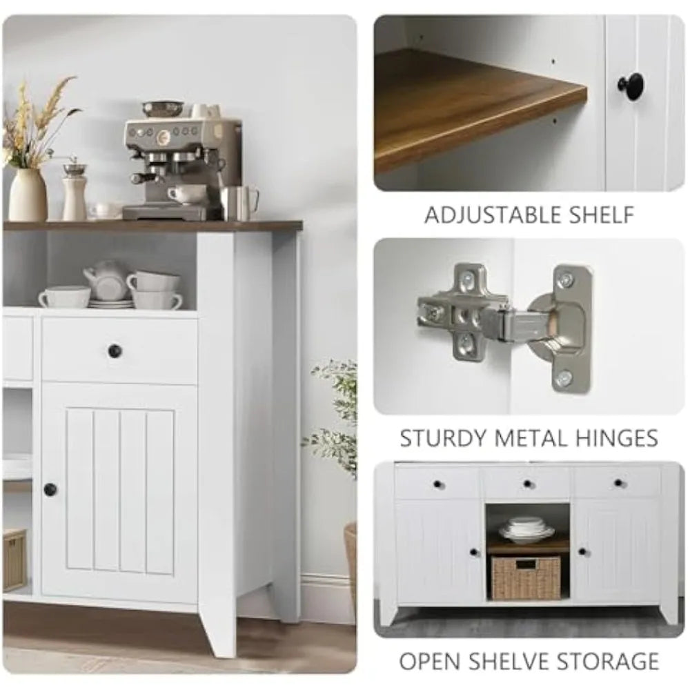 Farmhouse Coffee Bar Cabinet with Storage, 47 Inch Coffee Bar with 3 Drawers & 2 Doors, White Buffet Cabinet with Open Shelf,