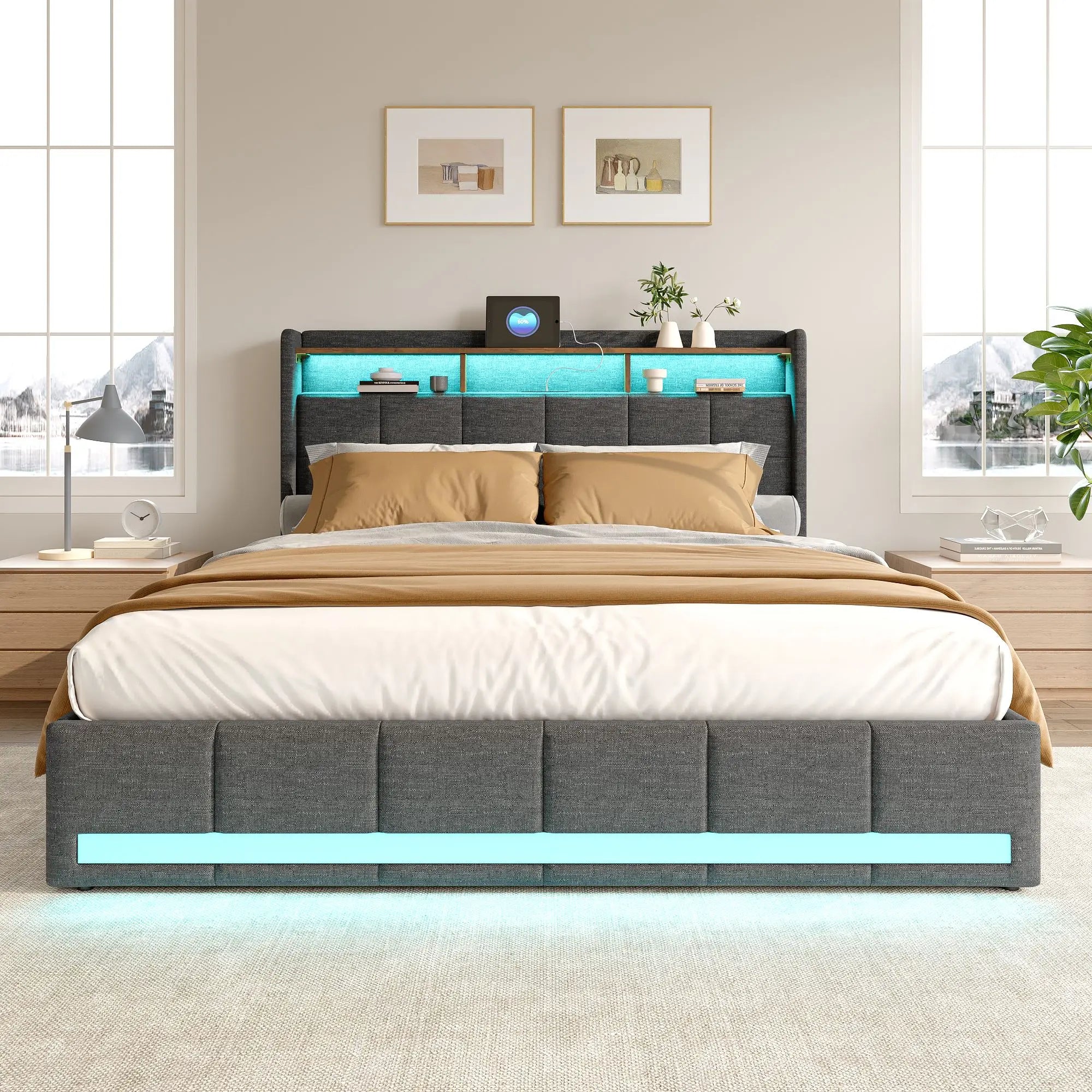 Creahappy Twin Bed Frame - Upholstered bed in grey - With USB charging port - With LED lighting - Storage drawers on both sides