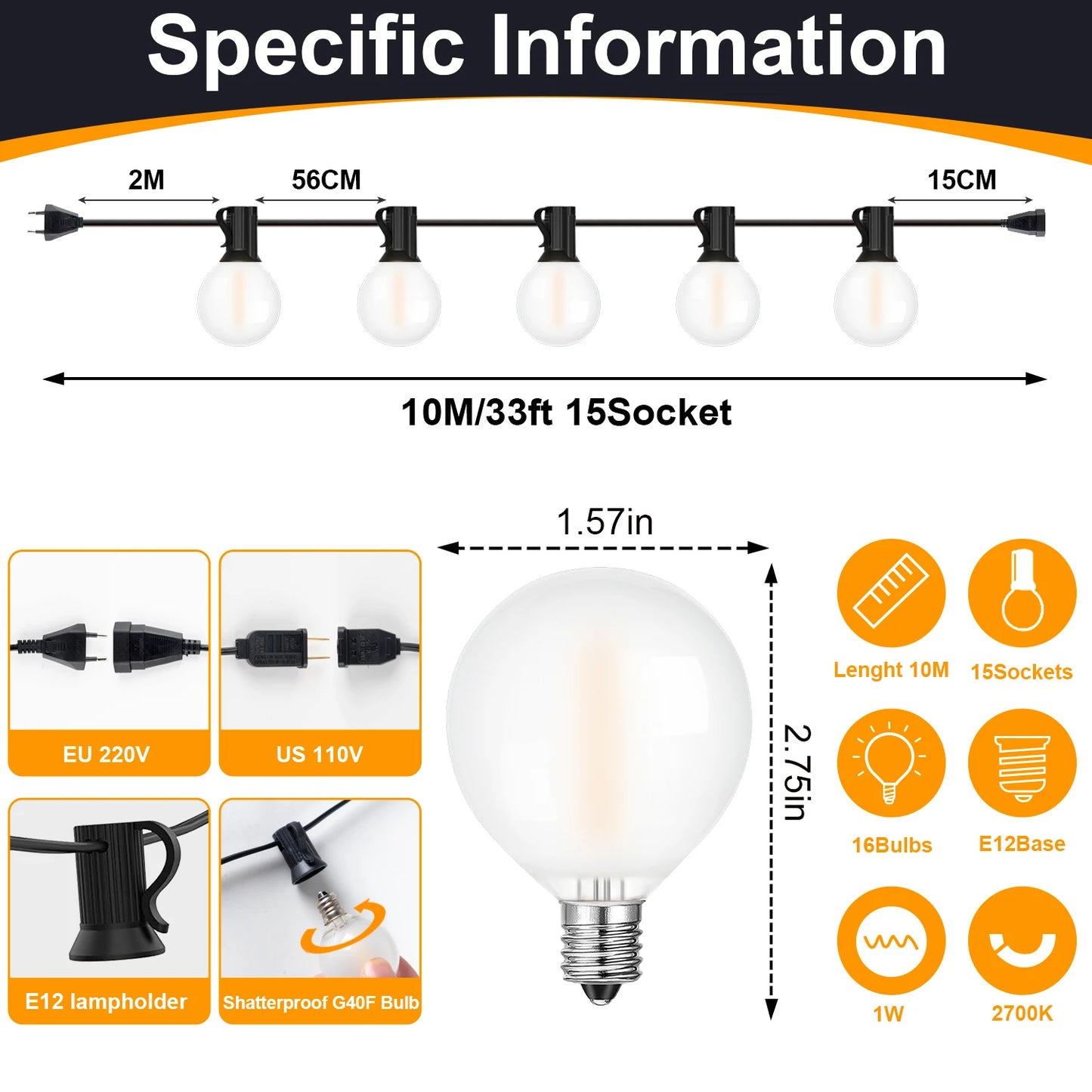 Vintage G40 Frosted Globe String Lights E12 220V EU Warm White 110V US Waterproof Retro Wedding Garden Light New Year's Garland