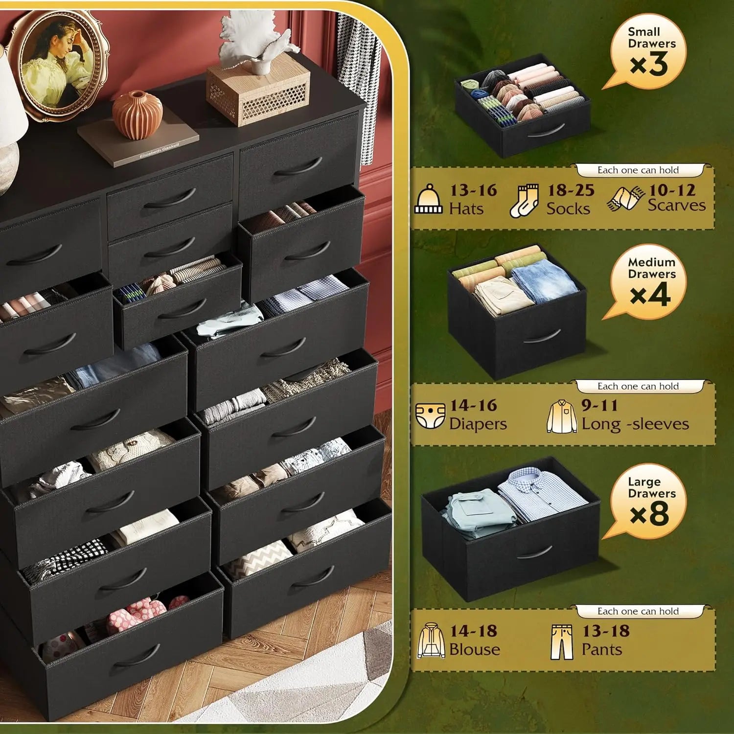 Tall Black Dresser for Bedroom Furniture, Fabric Dressers Storage Tower with 15 Deep Drawers,  Wooden Top