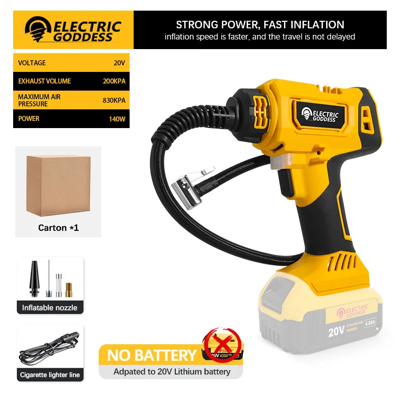Electric Goddess Car Inflation Air Pump Cordless Tire Inflator Air Compressor Digital Display For Dewalt 20V Battery Power Tool