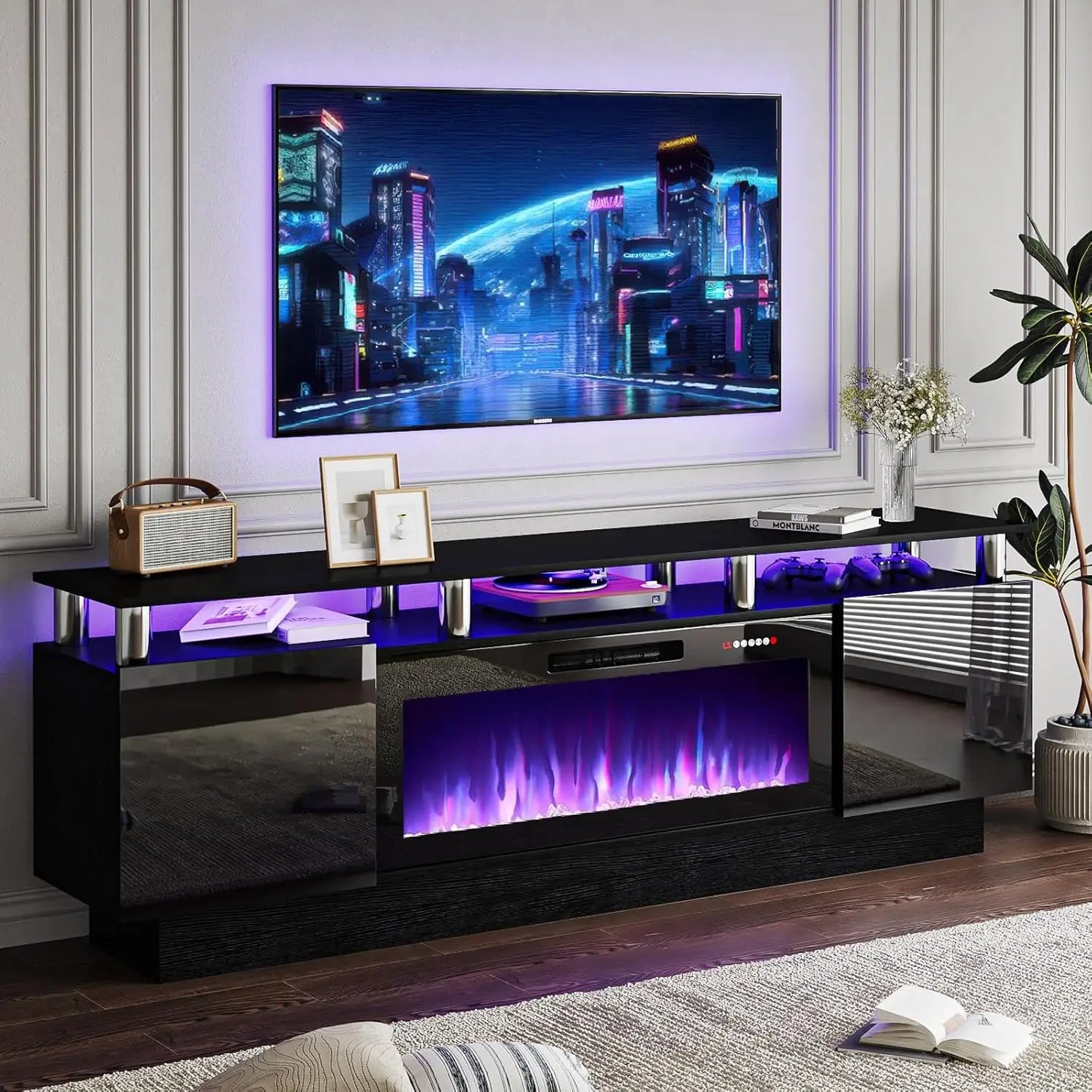 70" Fireplace TV Stand with 36" Electric Insert & LED Lights, Fits 80" TVs | AlluCanFind